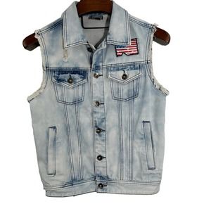 Southpole Mens Jean Jacket Vest Denim American Flag‎ Patch Distressed Blue Small